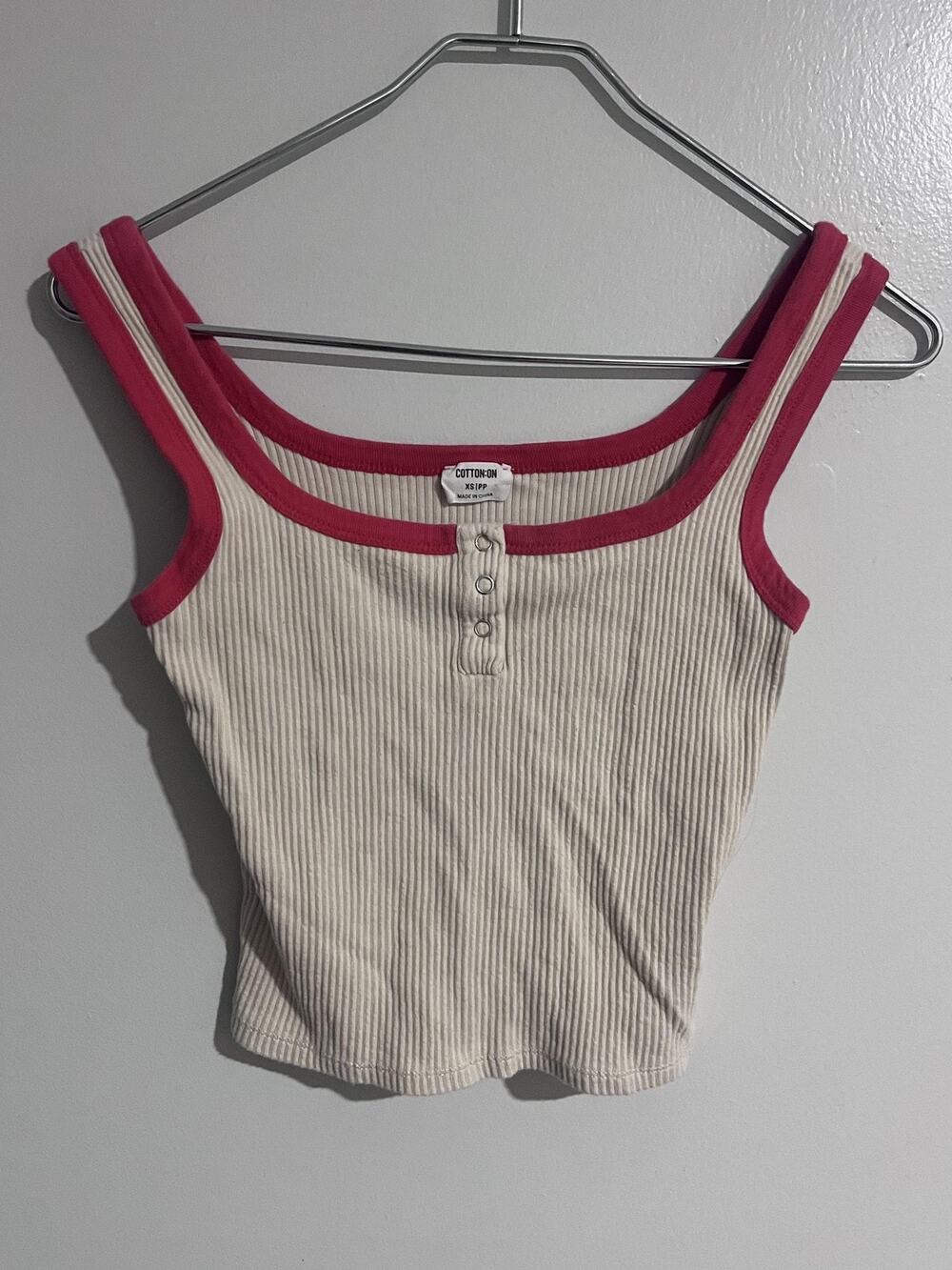 Cotton On Tank Womens XS Beige Ringer Square Neck Button Stretch Ribbed Jersey
